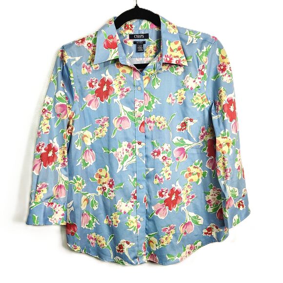 CHAPS Bundle Cotton Button-Up Shirts Large Petite Women's Floral Blouses - Picture 2 of 4